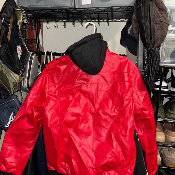 Men's Red Leather Jacket with Hood - Picture 7 of 7